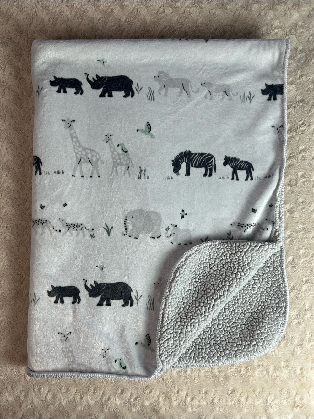 Cloud Island Safari Animal Baby Blanket Gray White Zebra Giraffe Green Bird Lion